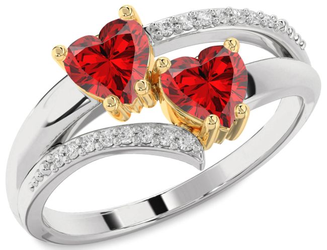 Diamond Ruby Gold Silver Two Heart Birthstone Ring