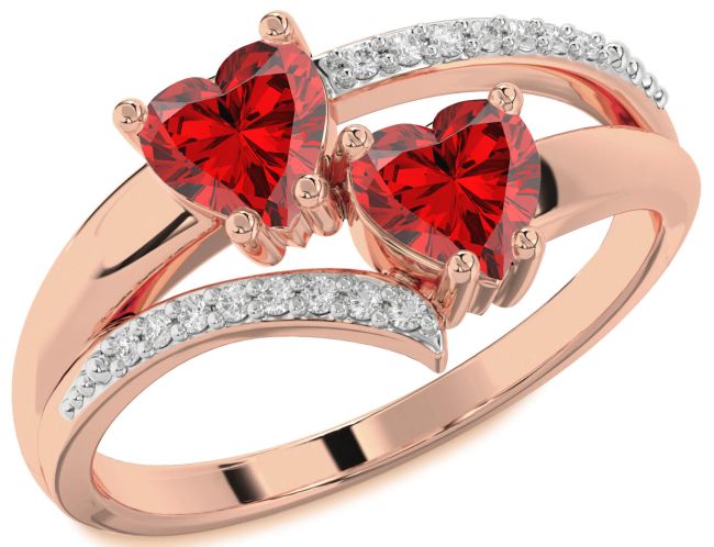 Diamond Ruby Rose Gold Two Heart Birthstone Ring