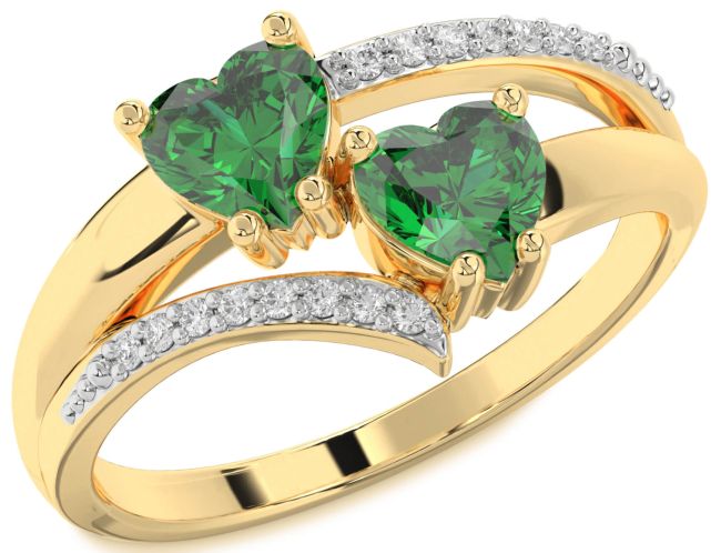 Diamond Emerald Gold Silver Two Heart Birthstone Ring