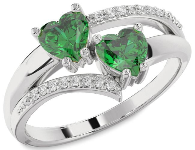 Diamond Emerald Silver Two Heart Birthstone Ring
