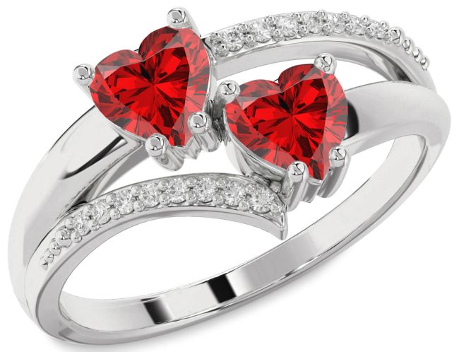 Diamond Ruby Platinum Two Heart Birthstone Ring