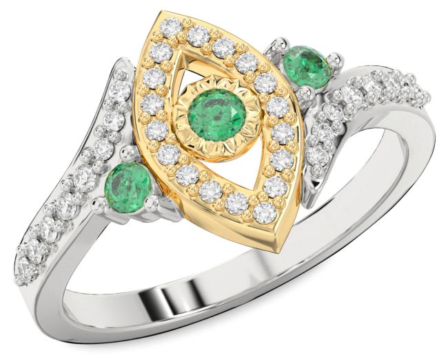 Diamond Emerald Silver & 10K gold Evil Eye Ring