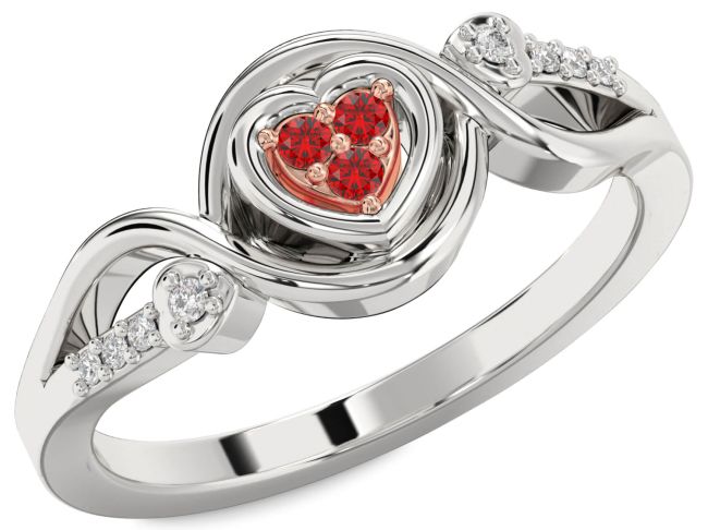 Diamond Ruby Rose Gold Silver Heart Ring