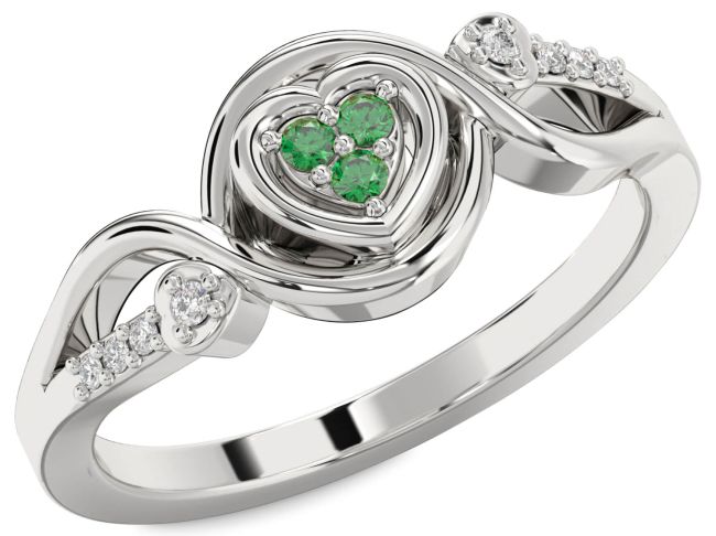 Diamond Emerald Silver Heart Ring