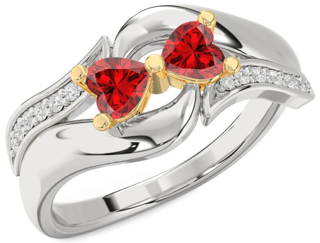 Diamond Ruby Gold Silver Two Heart Birthstone Ring