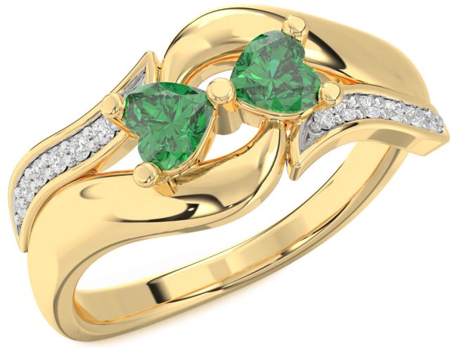 Diamond Emerald Gold Two Heart Birthstone Ring