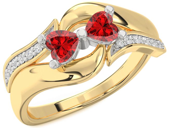 Diamond Ruby Gold Silver Two Heart Birthstone Ring