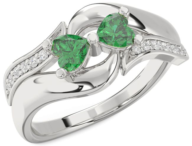 Diamond Emerald White Gold Two Heart Birthstone Ring
