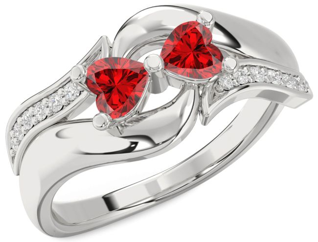 Diamond Ruby Silver Two Heart Birthstone Ring