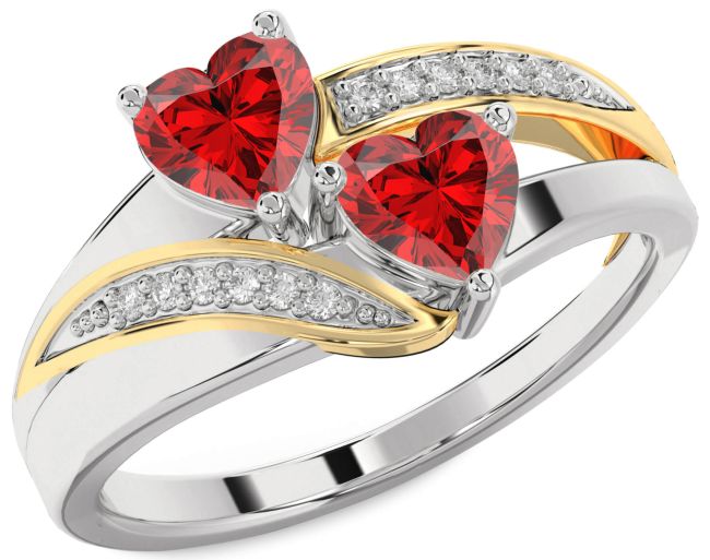 Diamond Ruby Platinum & Yellow Gold Two Heart Birthstone Ring
