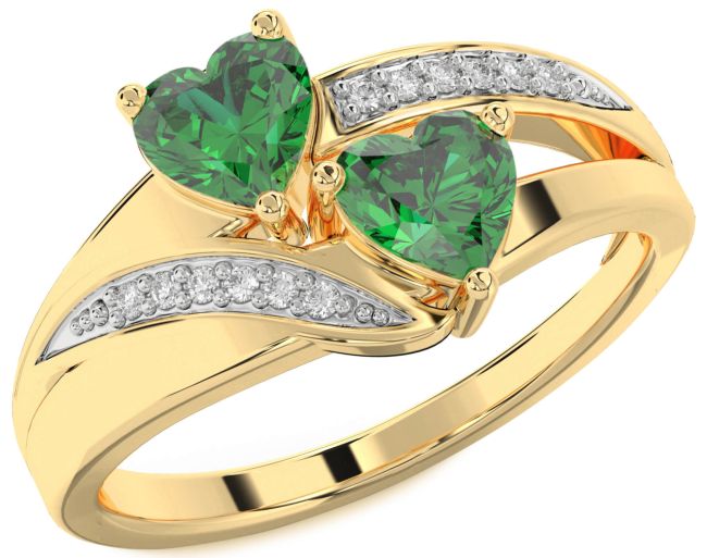Diamond Emerald Gold Silver Two Heart Birthstone Ring