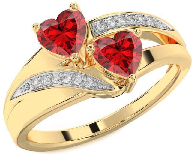 Diamond Ruby Gold Two Heart Birthstone Ring