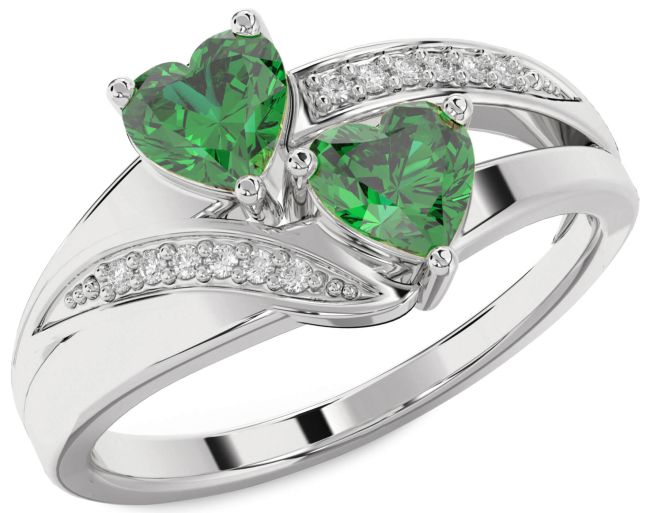 Diamond Emerald Silver Two Heart Birthstone Ring