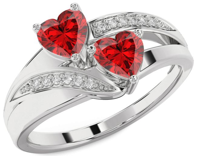Diamond Ruby Platinum Two Heart Birthstone Ring