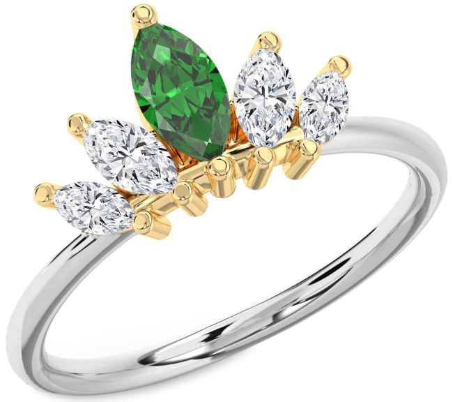 Diamond Emerald White Yellow Gold Crown Ring