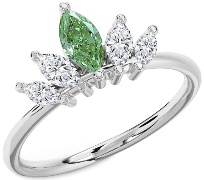Green Diamond Silver Crown Ring