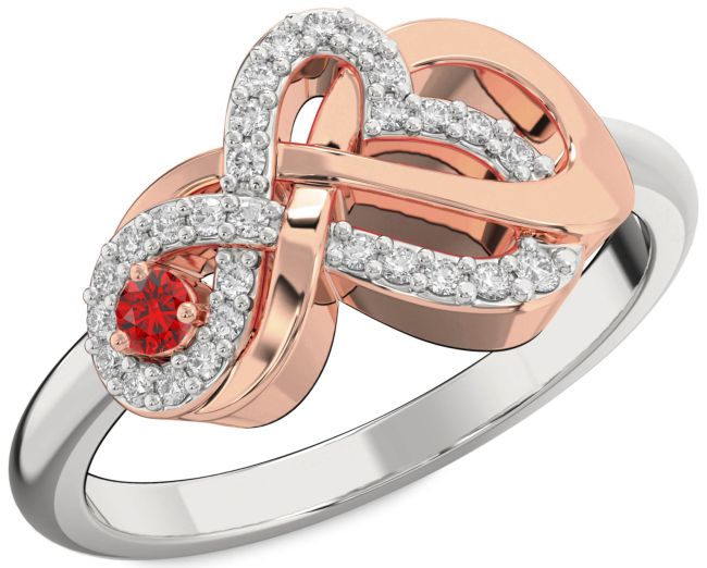 Diamond Ruby White Rose Gold Heart Infinity Knot Ring