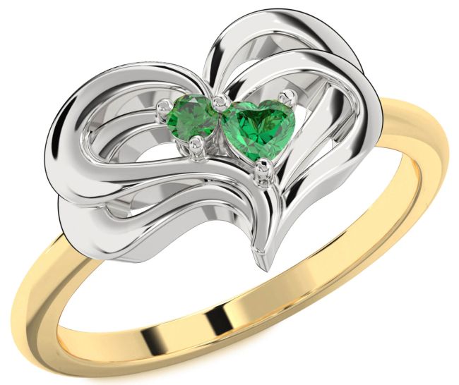 Emerald Gold Silver Heart Two Stone Birthstone Ring
