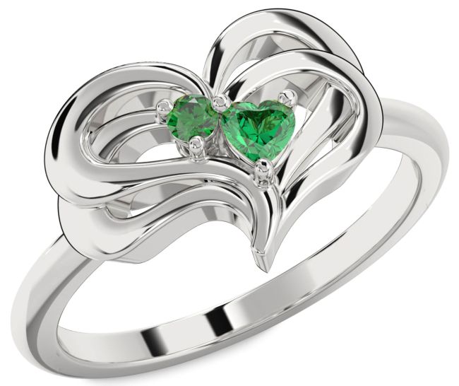 Emerald Silver Heart Two Stone Birthstone Ring