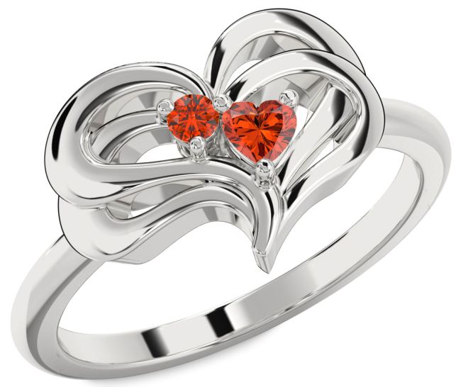 Fire Opal Silver Heart Two Stone Ring