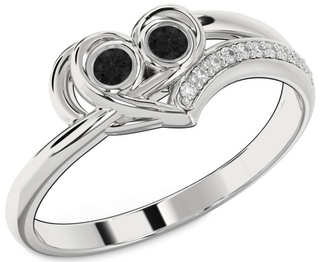 Black Diamond Silver Heart Two Stone Ring