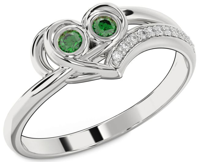 Diamond Emerald Silver Heart Two Stone Birthstone Ring