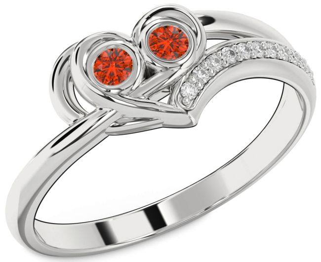 Diamond Fire Opal Silver Heart Two Stone Ring