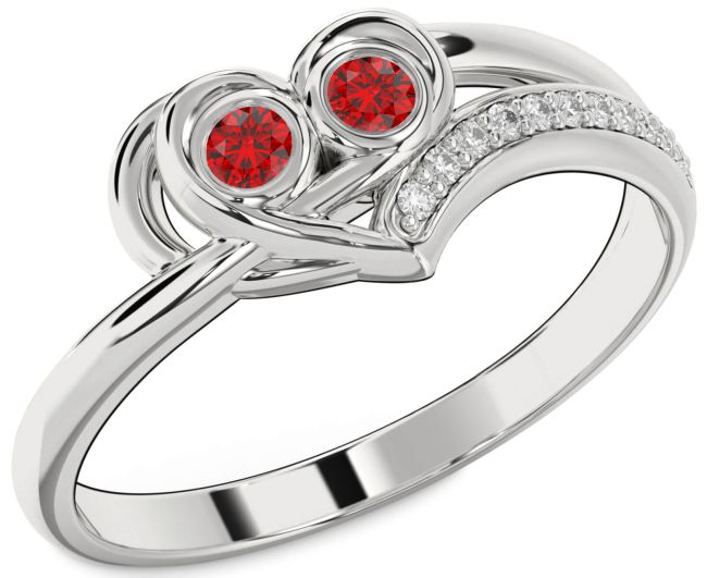Diamond Ruby Silver Heart Two Stone Birthstone Ring