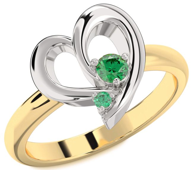 Emerald Gold Silver Heart Two Stone Birthstone Ring