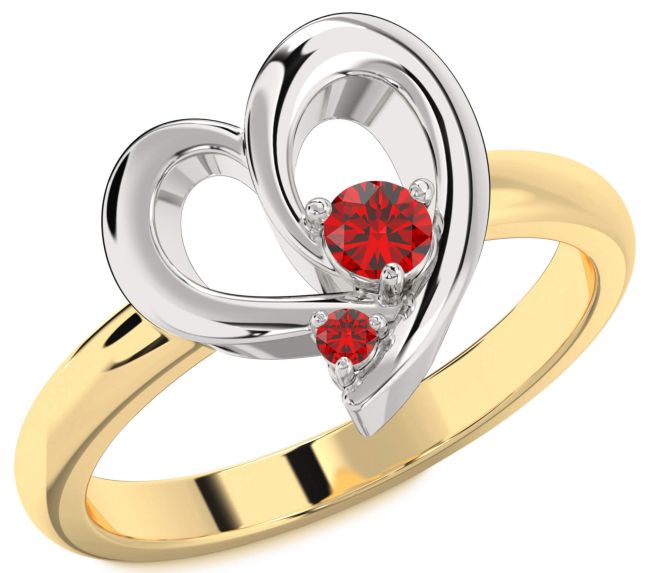 Ruby Gold Silver Heart Two Stone Birthstone Ring
