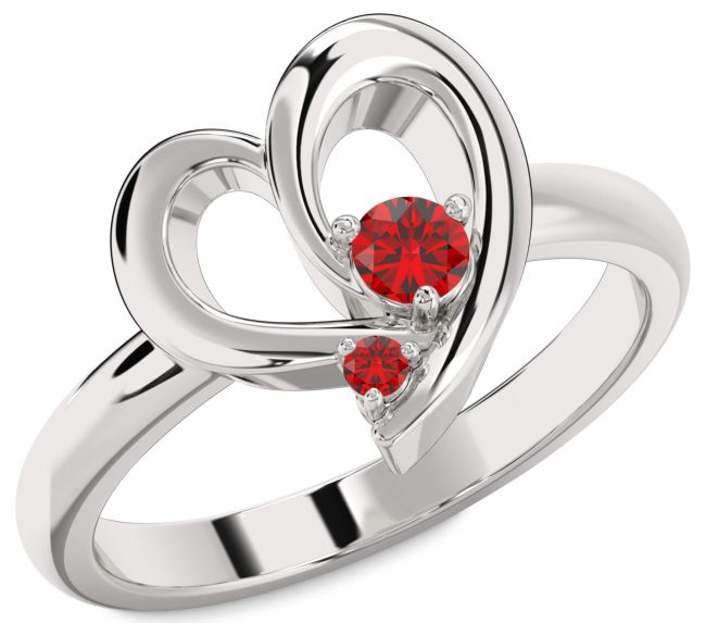 Ruby Silver Heart Two Stone Birthstone Ring