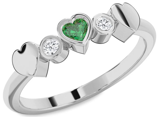 Diamond Emerald Silver Heart Promise Ring