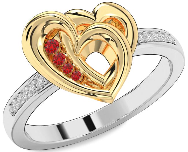 Diamond Ruby White Yellow Gold Heart Ring