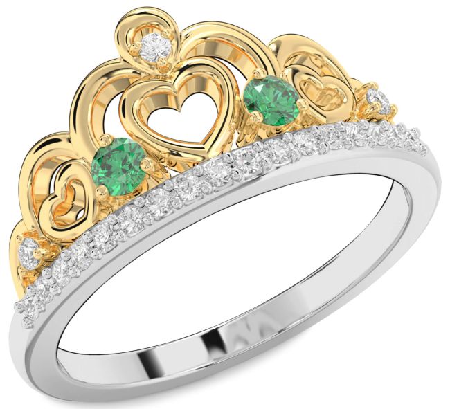 Diamond Emerald Gold Silver Crown Heart Two Stone Ring
