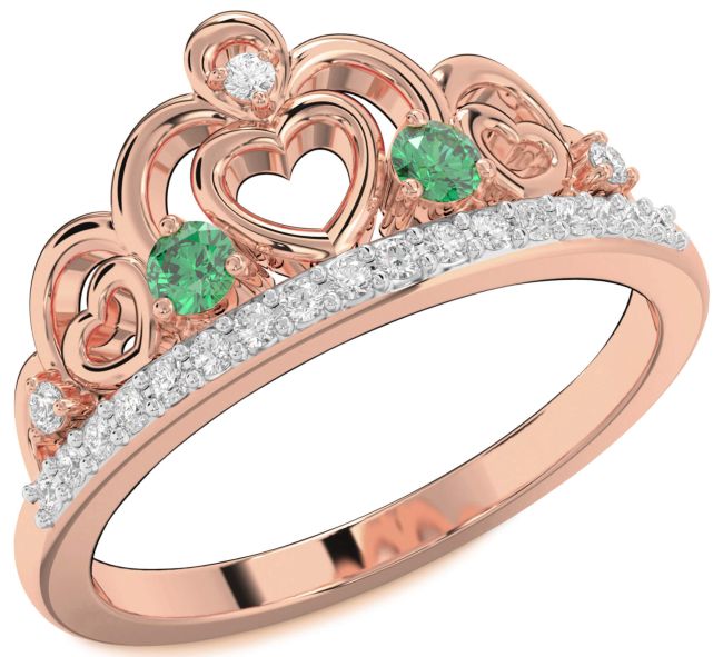 Diamond Emerald Rose Gold Crown Heart Two Stone Ring
