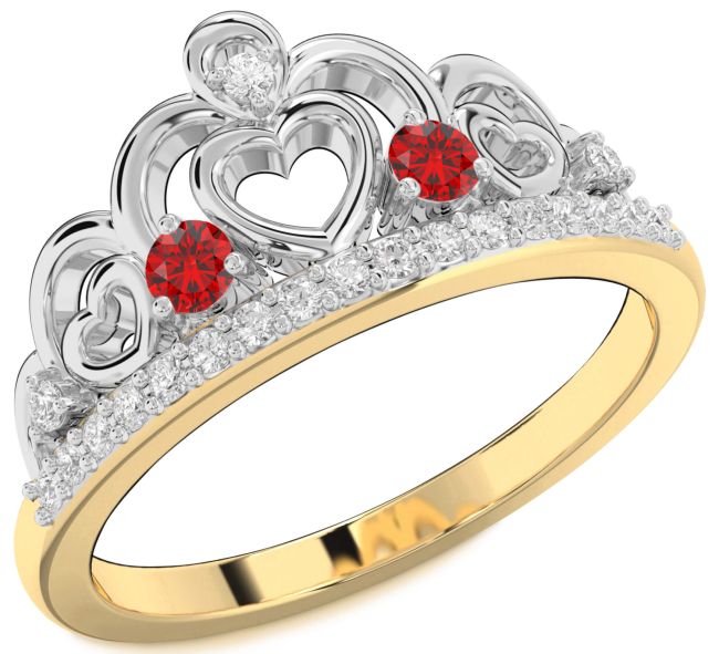 Diamond Ruby Gold Silver Crown Heart Two Stone Ring
