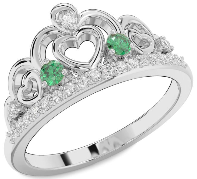 Diamond Emerald Silver Crown Heart Two Stone Ring