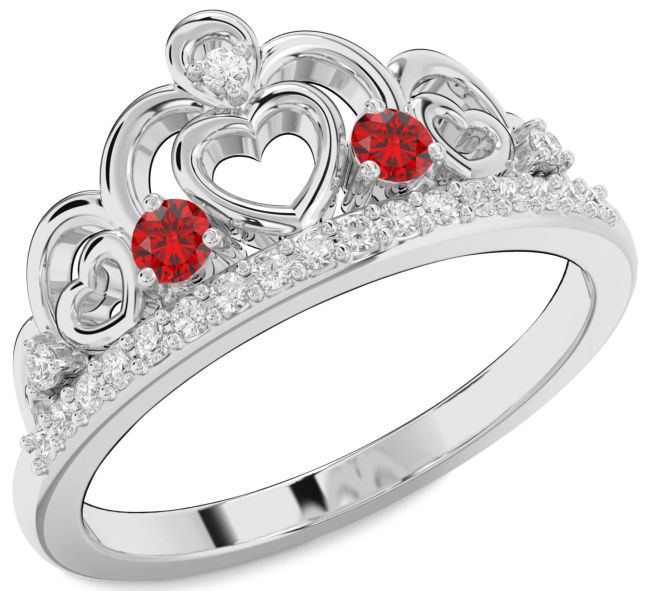 Diamond Ruby Silver Crown Heart Two Stone Ring