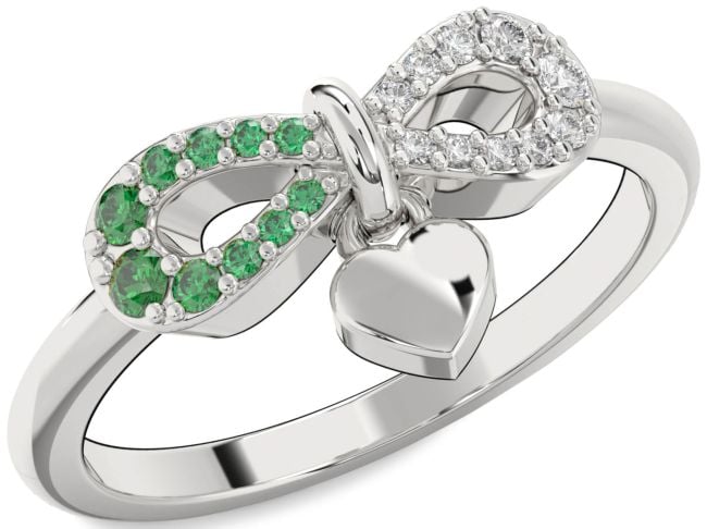 Diamond & Emerald Silver Infinity Heart Lock Promise Ring