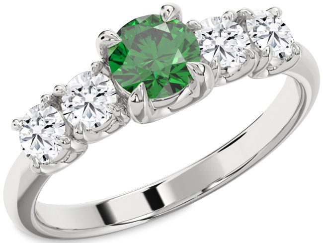 Diamond Emerald Platinum Round Engagement Ring