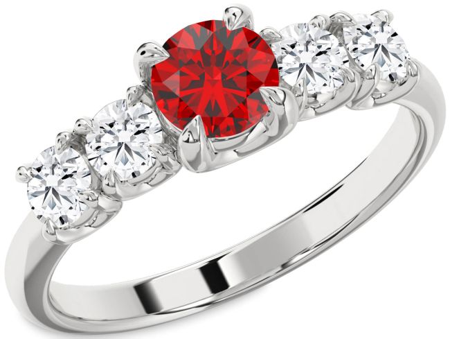 Diamond Ruby Silver Round Engagement Ring