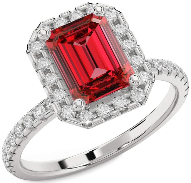 Diamond Ruby Silver Halo Ruby Cut Pave Engagement Ring