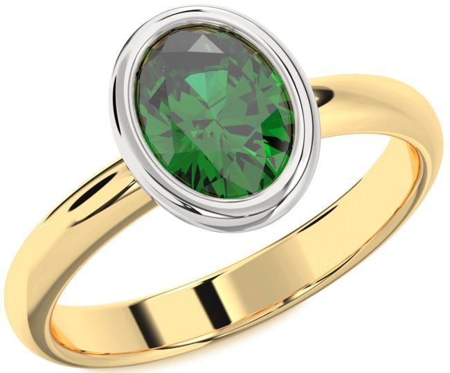 Emerald Gold Silver Oval Solitaire Engagement Ring