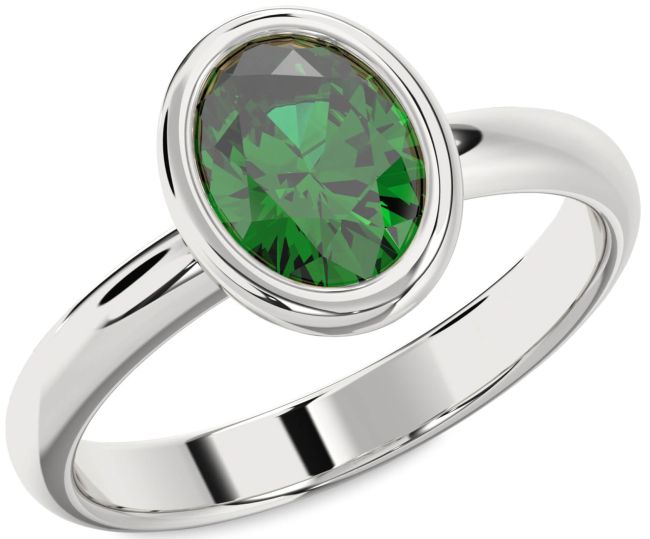 Emerald Silver Oval Solitaire Engagement Ring