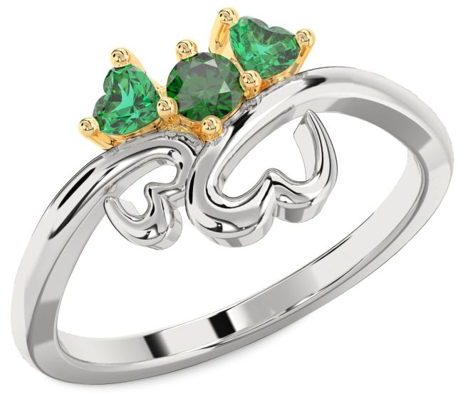 Emerald Gold Silver Two Heart Birthstone Ring