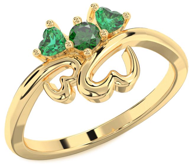 Emerald Gold Silver Two Heart Birthstone Ring