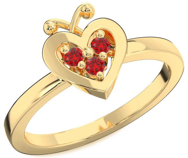 Ruby Gold Silver Heart Three Stone Birthstone Ring