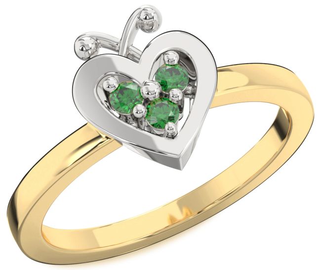Emerald Gold Silver Heart Three Stone Birthstone Ring