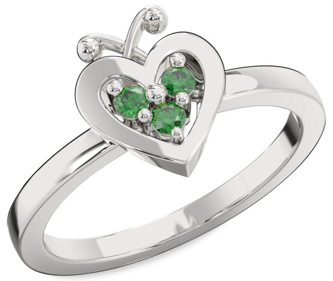 Emerald Silver Heart Three Stone Birthstone Ring