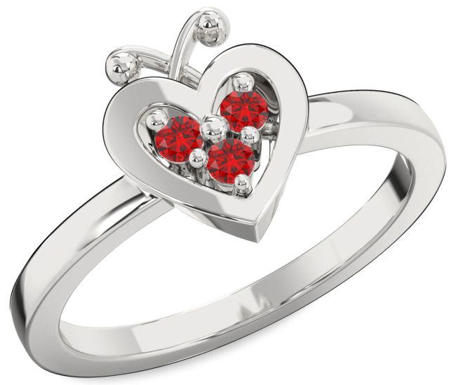 Ruby Silver Heart Three Stone Birthstone Ring